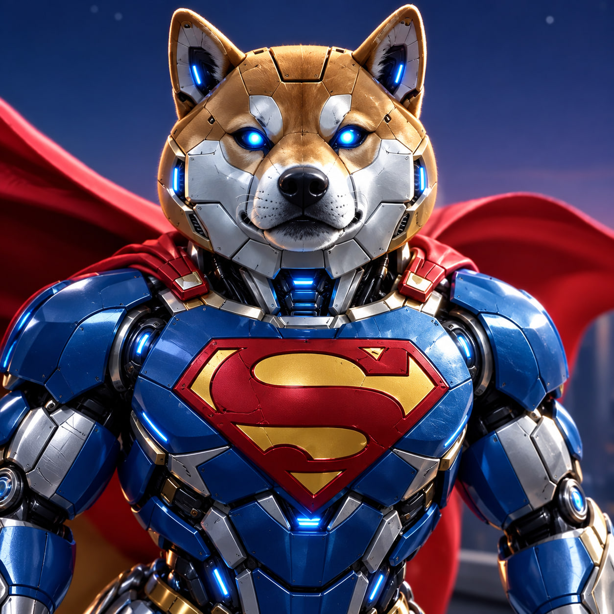 Anonymous Cyber Super Inu in blue and silver armor with a red cape and glowing blue eyes